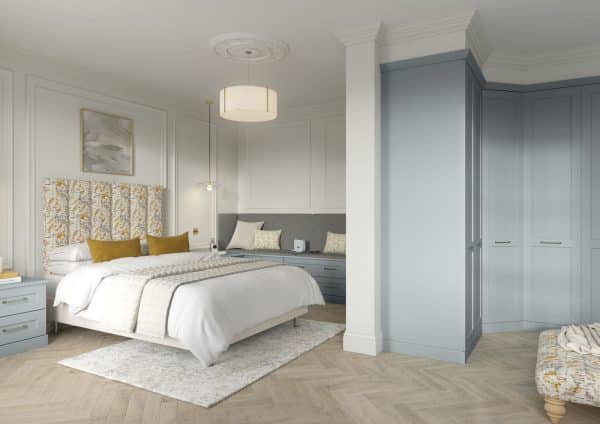 Acadia-Fjord-Shaker-fitted wardrobe range with fitted seat and furniture