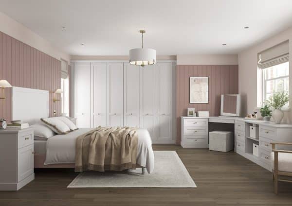 Acadia-White-Shaker fitted wardrobe in pink room