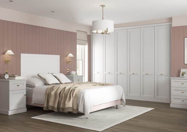 Acadia-White-Shaker wardrobe and bed side tables in pink room