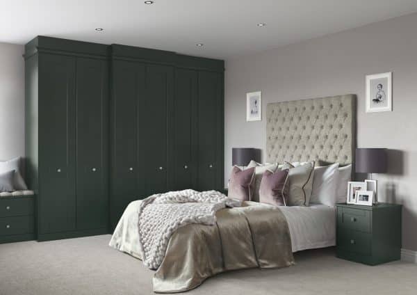 Croft heritage green Milton fitted bedroom range with silver door handles
