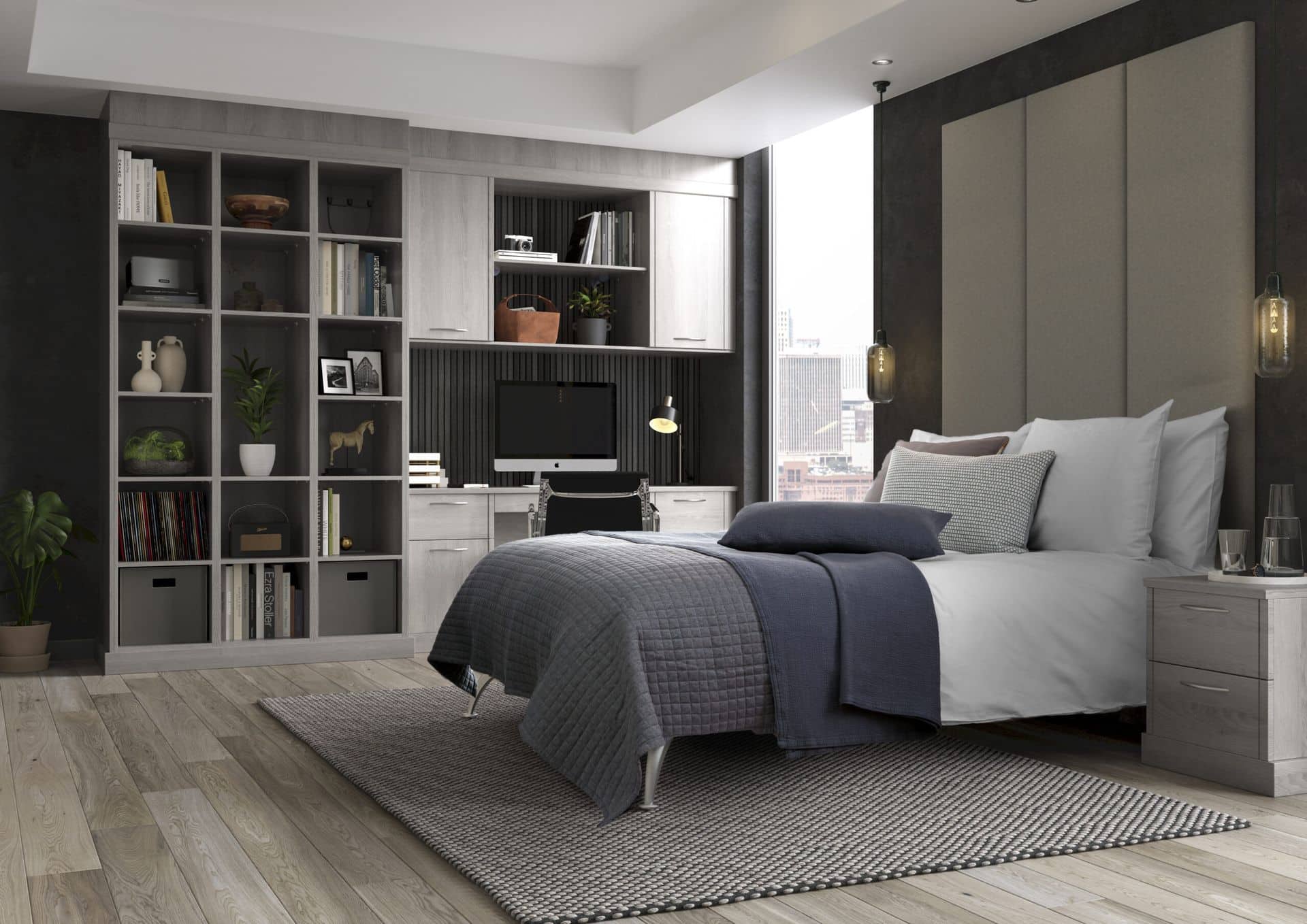 Lindley-Nordic-grey-Bedroom with shleving, fitted desk and bed