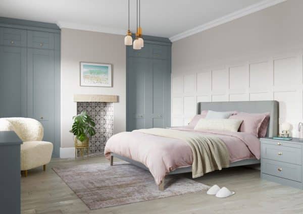 croft storm blue Milton fitted bedroom range with gold handles and matching bedside tables