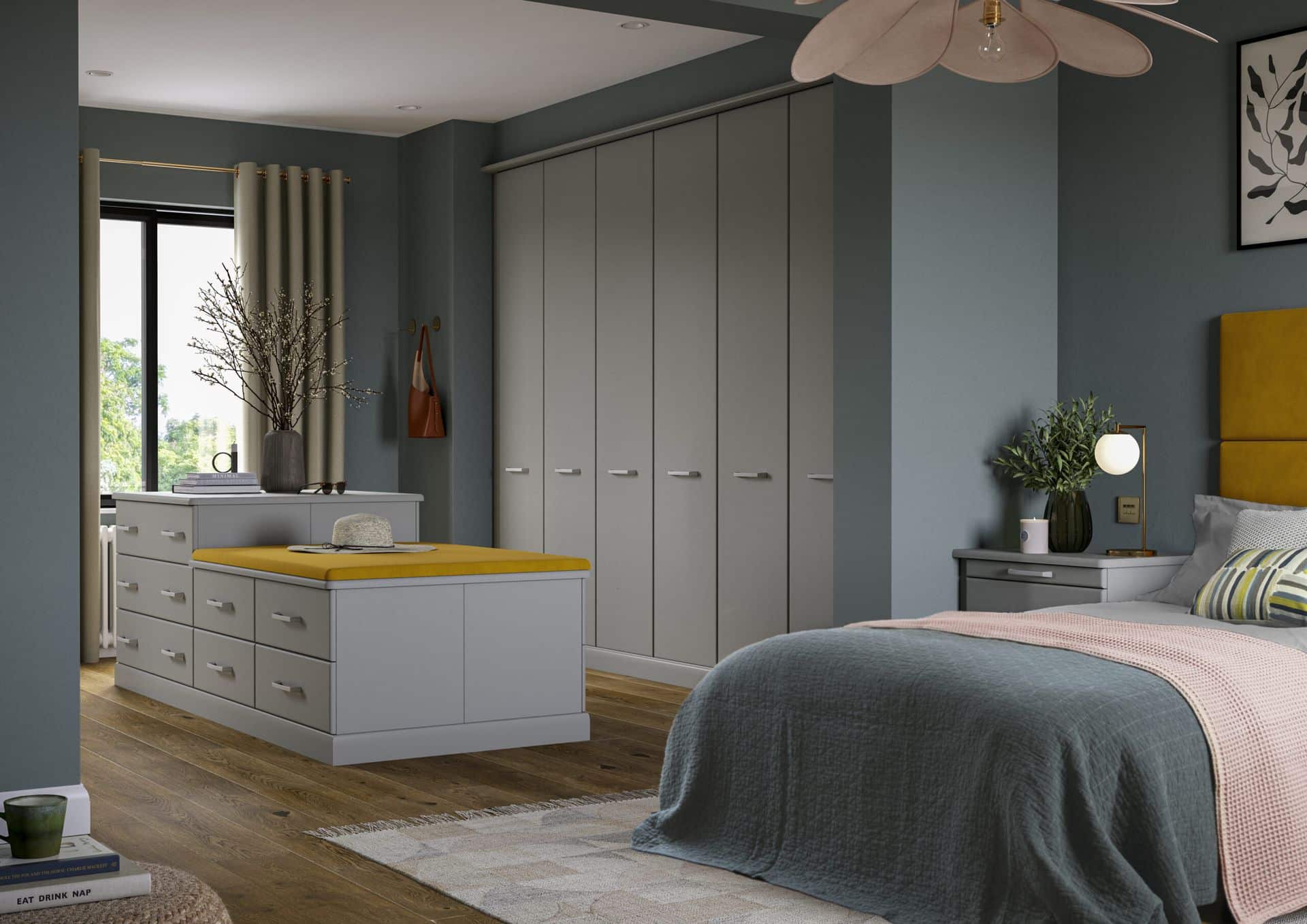 welford matt light grey fitted bedroom doors with handles and matching dresser